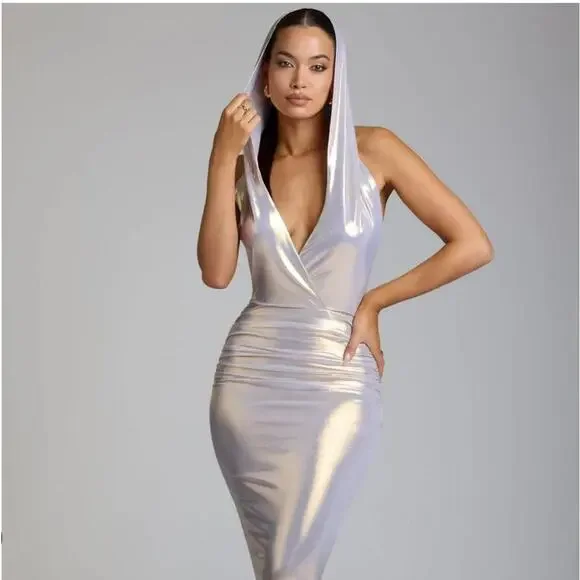 NWT Oh Polly Dalilah Metallic Maxi Gown Hooded A Light Gold Women's Size US 10 - Picture 3 of 12